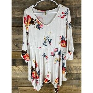 Poplab Women's Plus Sz 2XL Floral V-Neck Rayon Spandex 3/4 Bell Sleeve Hi Lo Hem